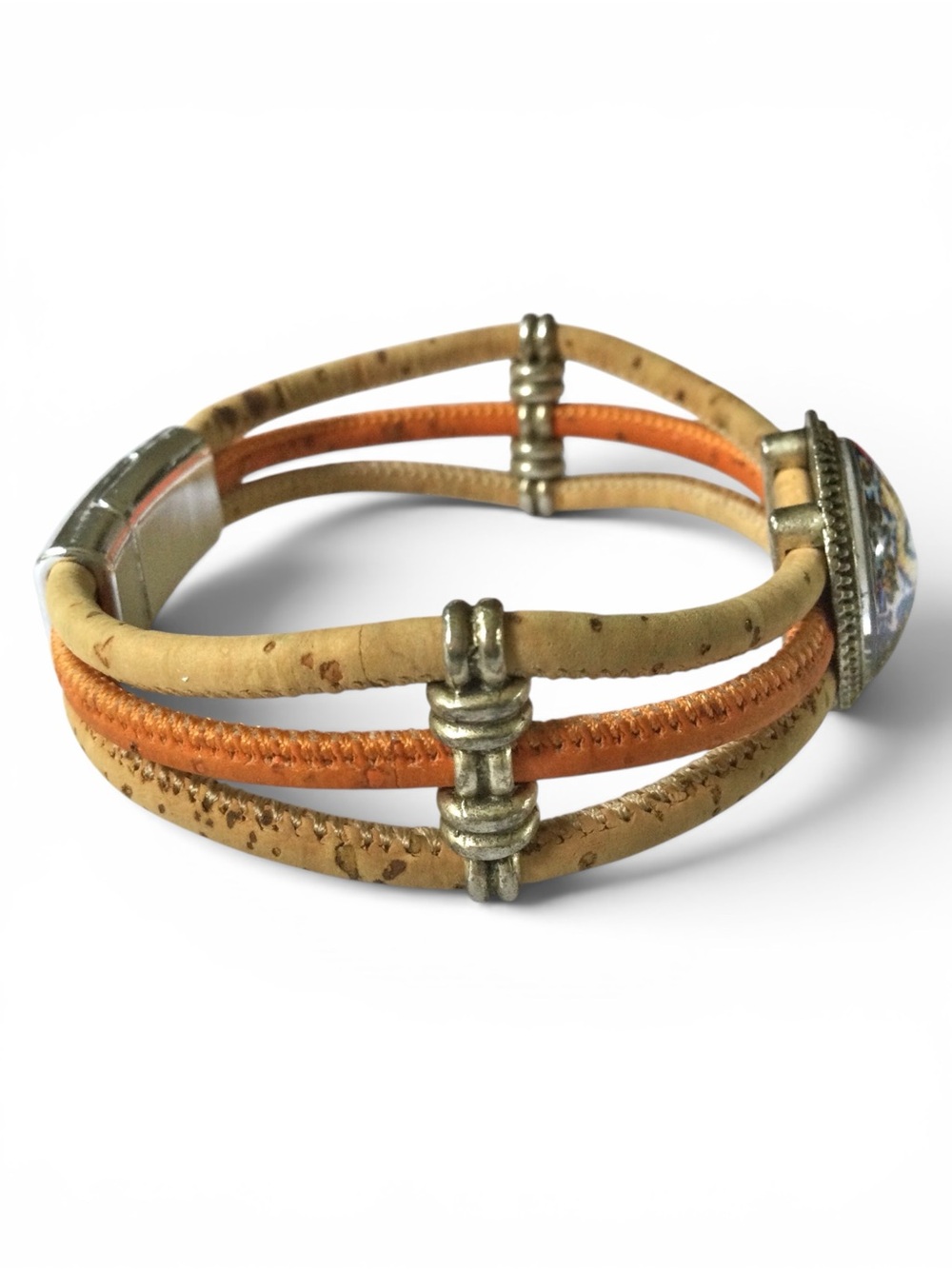 Portuguese Cork & Faux Leather Unisex Bracelet w/ Azulejo Tile Medallion - 7.25" - Picture 7 of 9